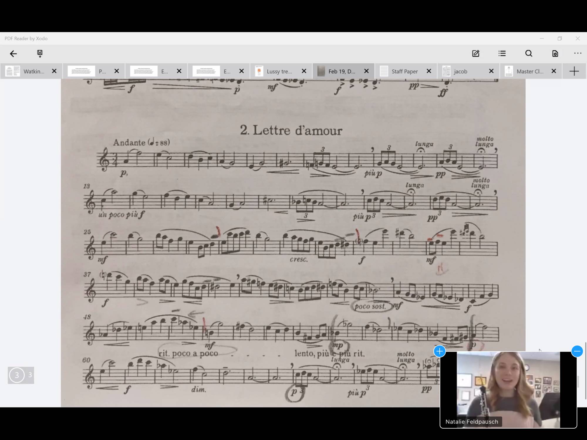 A photo of a Zoom master class with Julia Gjebic. In the photo: score of Dorati and Nat in the bottom right hand corner.